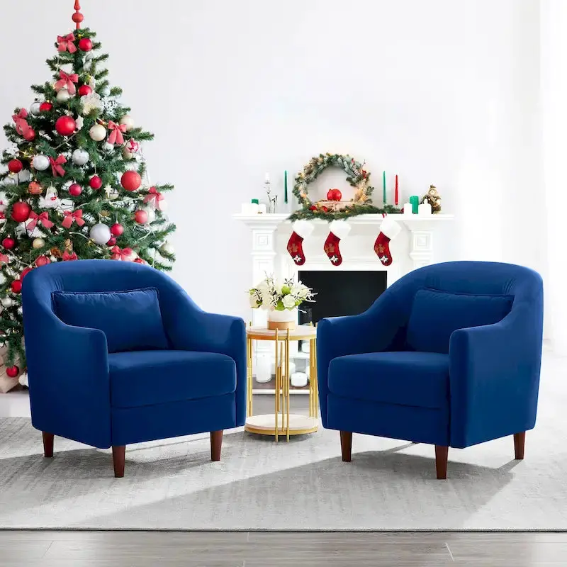 Set of Two Velvet Accent Armchairs — Barrel Style with Solid Wood Legs