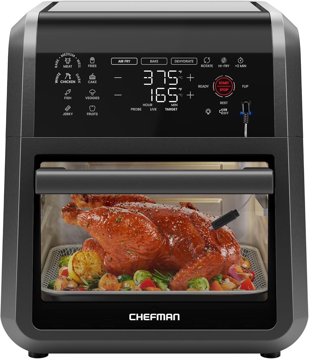 12QT 6-in-1 Electric Air Fryer, Integrated Smart Thermometer, 28 Touch Presets, Rotisserie, Convection Oven, Black