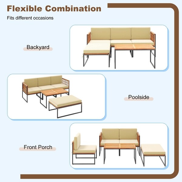 Costway 5 PCS Patio Furniture Set Acacia Wood Sectional Set with Seat