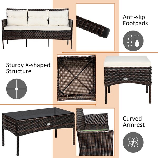 Costway 3PCS Patio Rattan Furniture Set 3Seat Sofa Cushioned Table