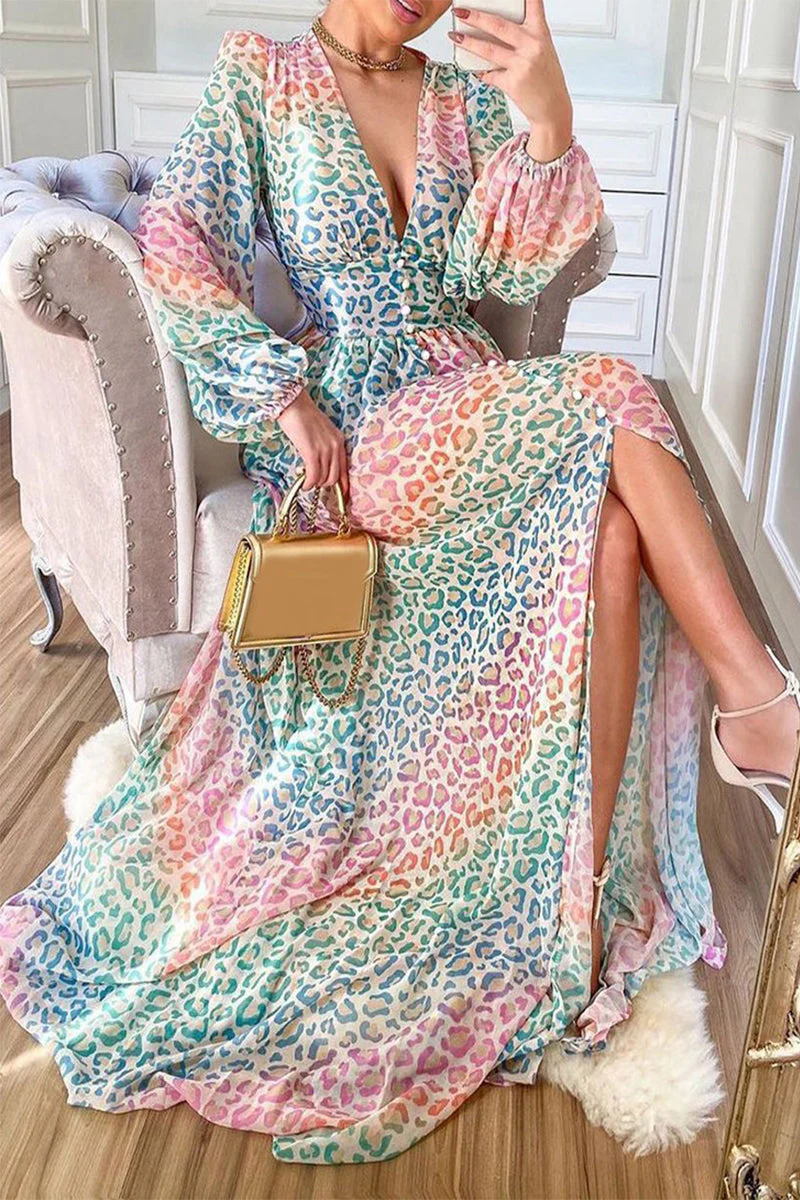 Leopard Print V-Neck Maxi DressClistos