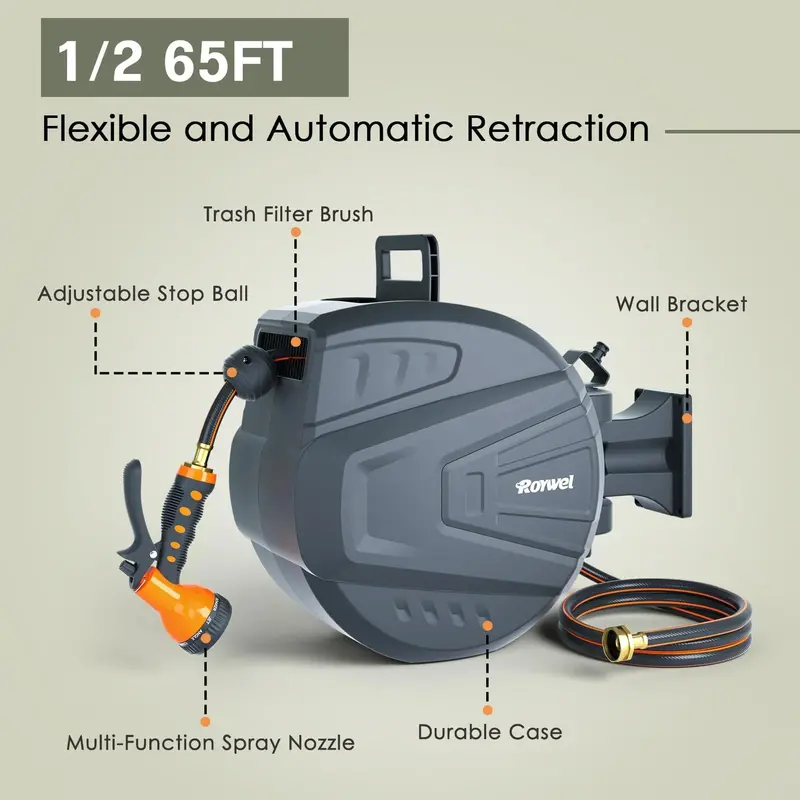 Roywel Retractable Garden Hose Reel – 65-Foot, 1/2-Inch Auto-Rewind System