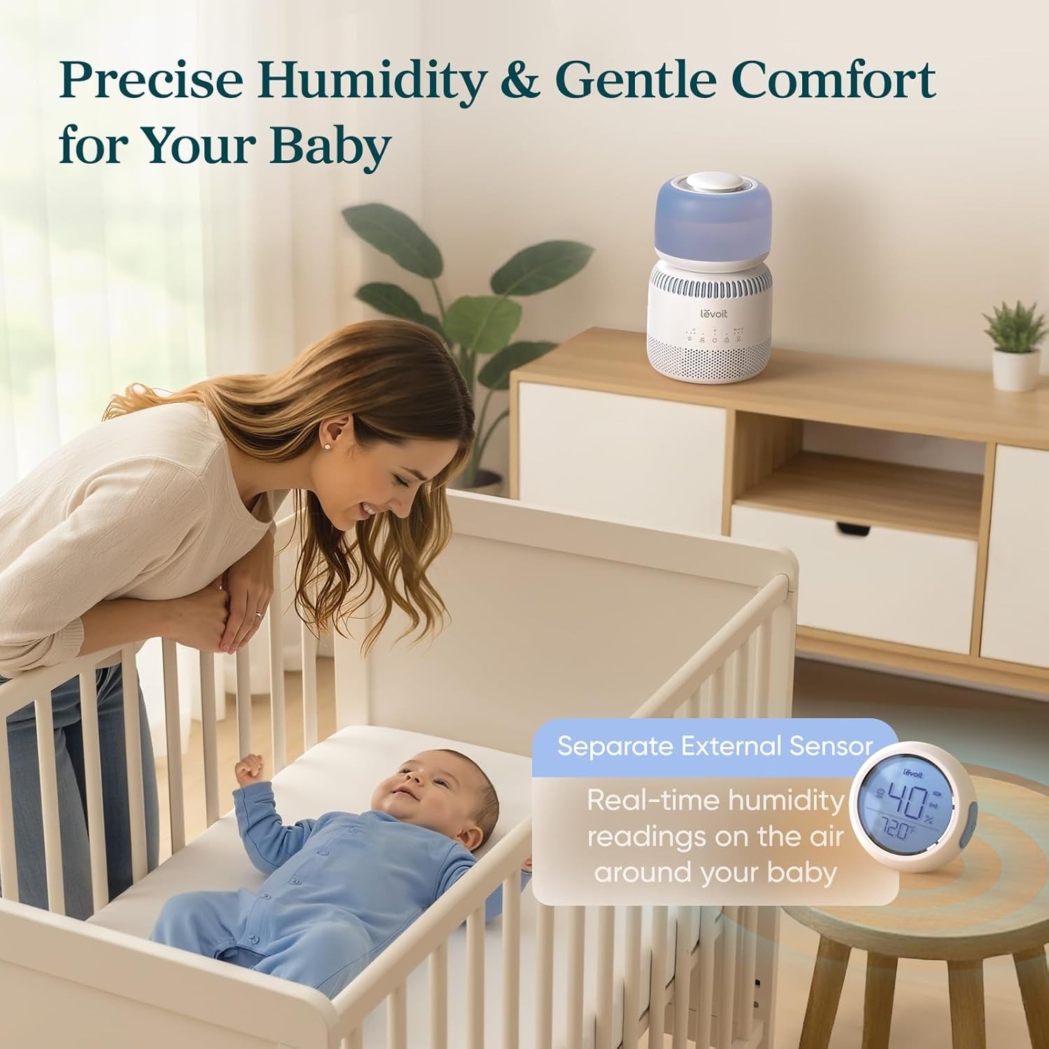 Evaporative Humidifiers for Bedroom Baby, Dual Air and Water Filters, Separate Sensor, Blue Light Free for Nursery Nightlight, Auto Dry, Smart Control, Auto Mode, 3.8L Tank for 36H