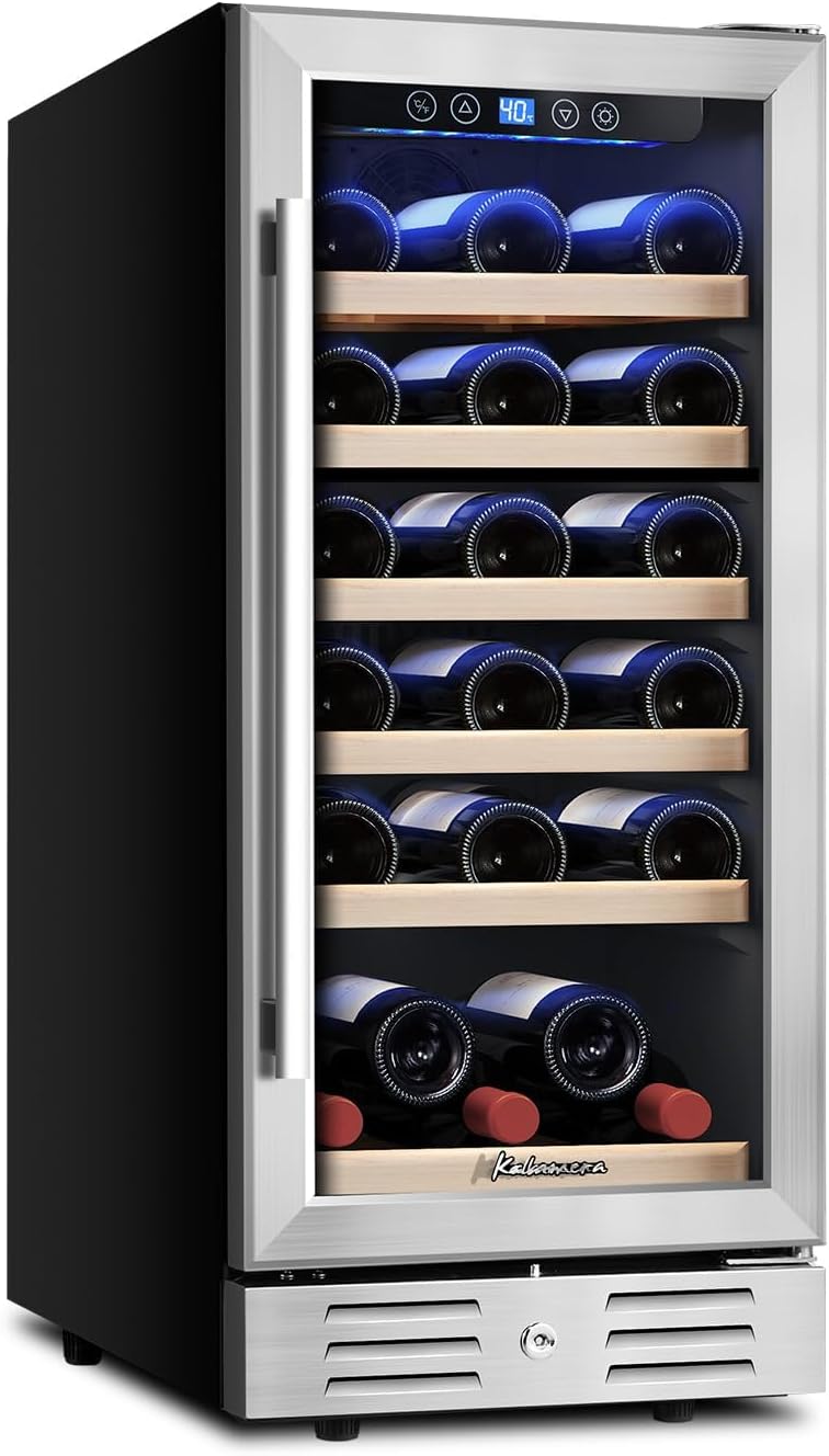 24 inch Wine Cooler, 46 Bottle - Dual Zone Built-in or Freestanding Fridge with Stainless Steel Reversible Glass Door, for Home, Kitchen, or Office.