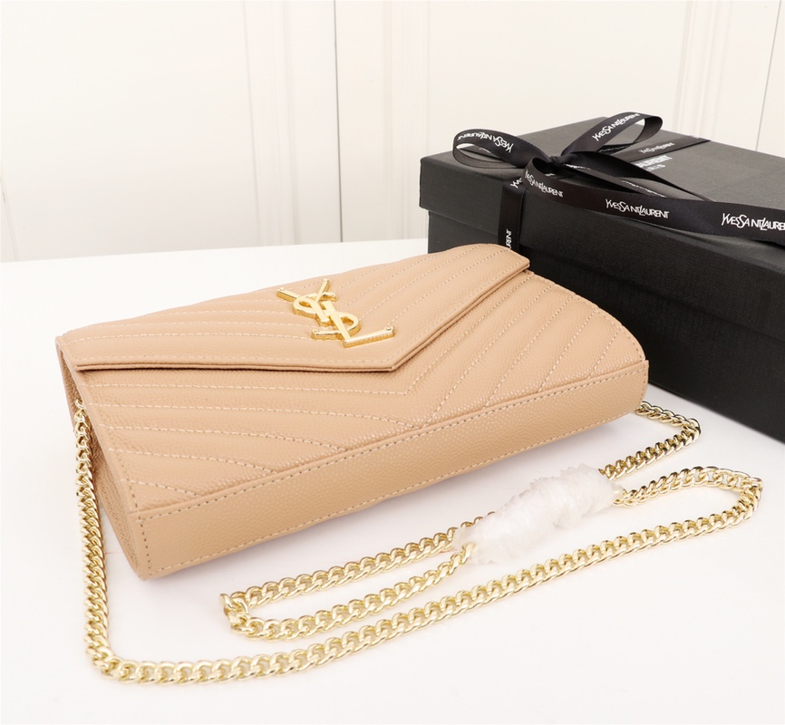 Saint Laurent Cassandre Matelasse Chain Wallet In Grain De Poudre Embossed Beige 22Cm