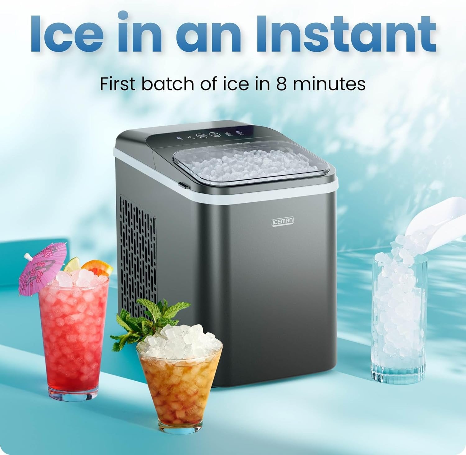 Compact Pebble Ice Machine, Countertop Nugget Ice Maker Produces Chewable Pellet Ice in 8 Minutes, Makes 26lbs/Day, One-Touch Cleaning Function with Ice Scoop/Basket Included – Black