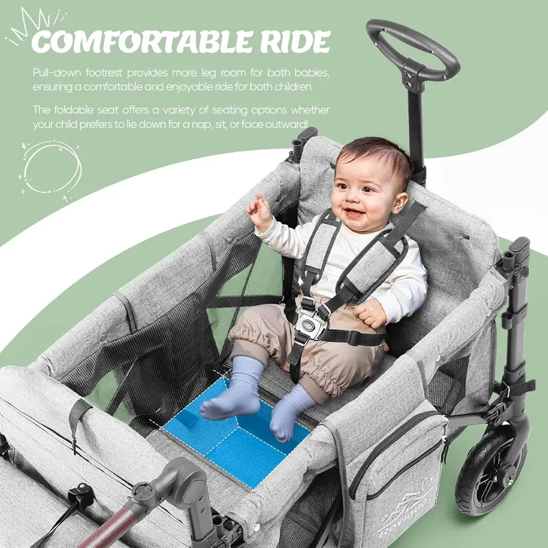 Premium 2-Child Wagon Stroller – Convertible Bassinet Option, Removable Canopy, Snack Tray, 5-Point Safety Harness & All-Terrain PU Wheels