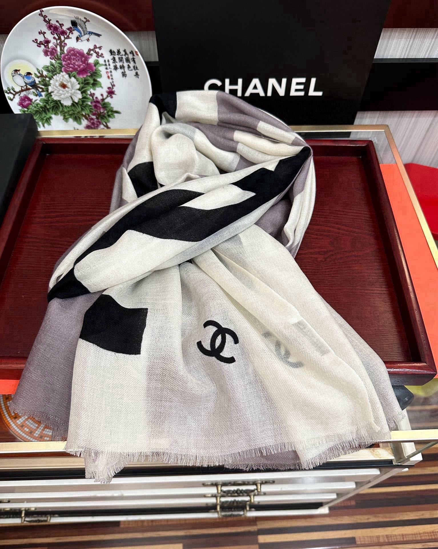 Chanel Silk Shawl CC Logo Colorblock Grey – White For Women 200cm