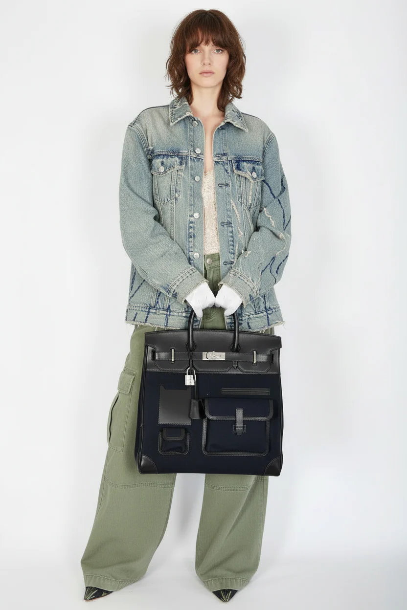 Hermès Cargo HAC Hermès Bleu Marine Toile & Black Box Calf Cargo