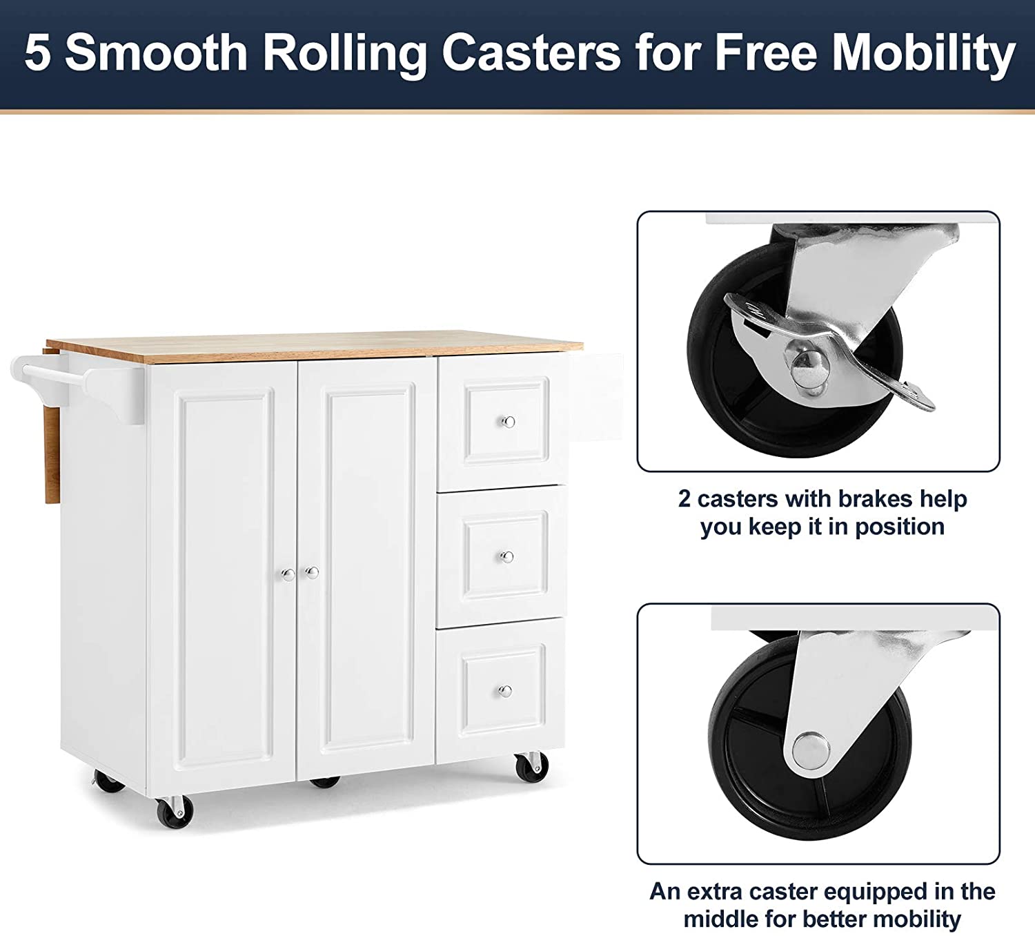Rolling Kitchen Island Cart with Storage,Wood Tabletop Kitchen Cart w/ 2 Wheels, Trolley Cart Utility Cabinet, Towel Rack, Spice Rack, White