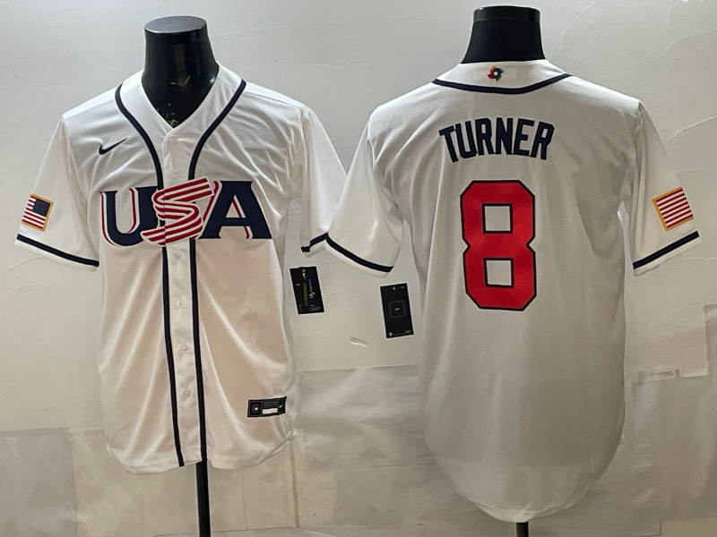 Men's USA Baseball Trea Turner #8 White 2026 World Baseball Classic Stadium Jersey