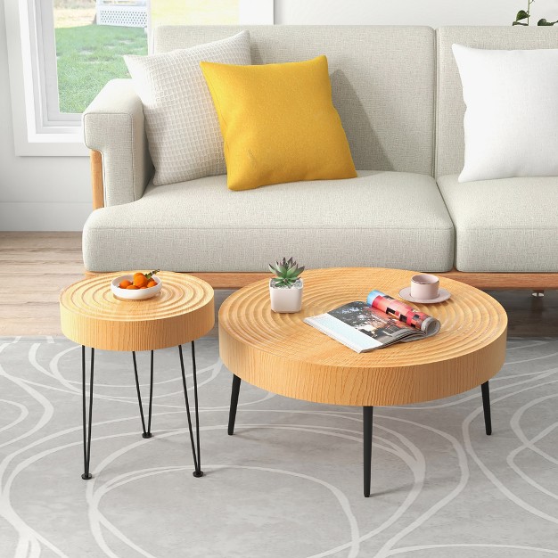 Costway Round Coffee Table Set Of 2 End Table Natural Finish For Living Room
