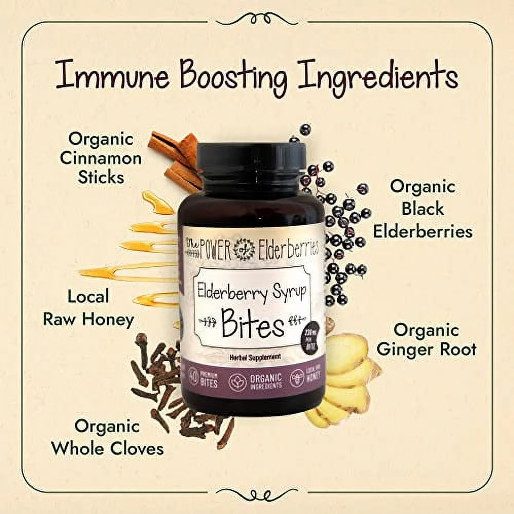The POWER of Elderberries Elderberry Syrup Bites, Vegetarian-Friendly Elderberry Vitamins with Black Elderberry for Immune Support, Sambucus Elderberry Without Artificial Sweeteners, 40 Count