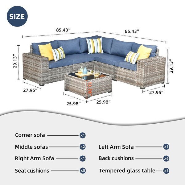 OVIOS Patio Wicker Furniture Wide Arm 6piece Set with Table