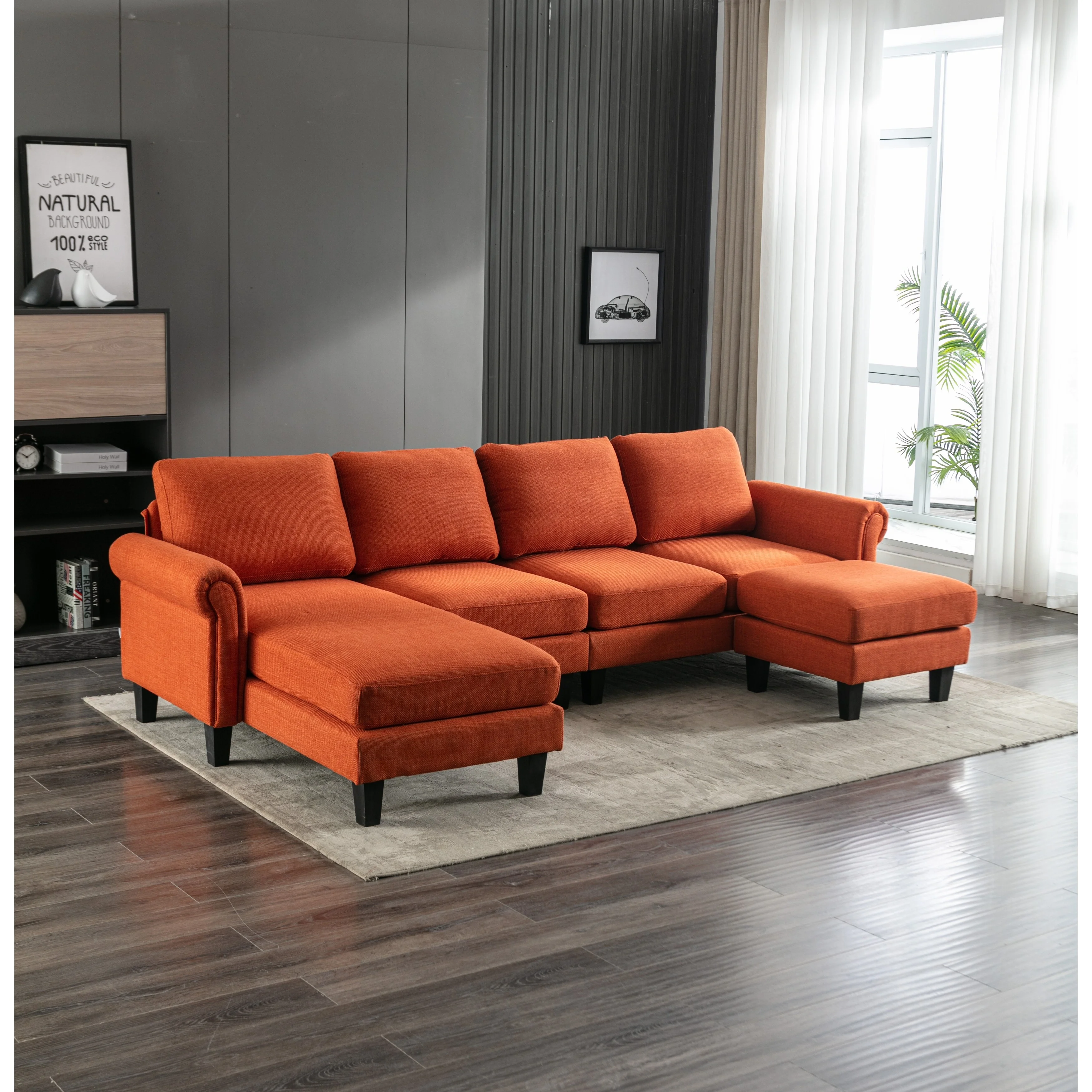 U shape Convertible Sectional Sofa Set Modern Linen Fabric Sectional Couch for Living Room with Reversible Ottoman