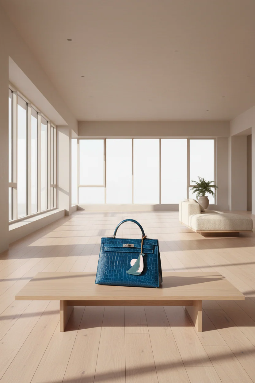 Hermès Kelly 32 Sellier Blue Colvert Shiny Niloticus Crocodile Palladium Hardware