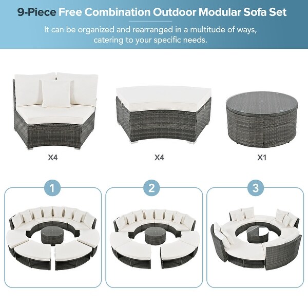 Circular Sectional Spacious Rattan Wicker Patio Furniture Set with Tempered Glass Coffee Table and 6 Pillows