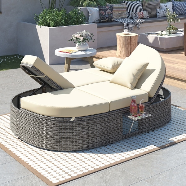 2Person Rattan Garden Reclining Chaise Lounge Daybed with Cup Trays