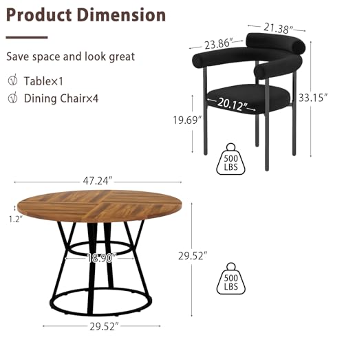 STHOUYN 47” Round Dining Table Set for 4, Small Round Kitchen Table with 4 Boucle Dinner Chairs, Modern Circle 5 Piece Dining Table with Steel Legs (Black)