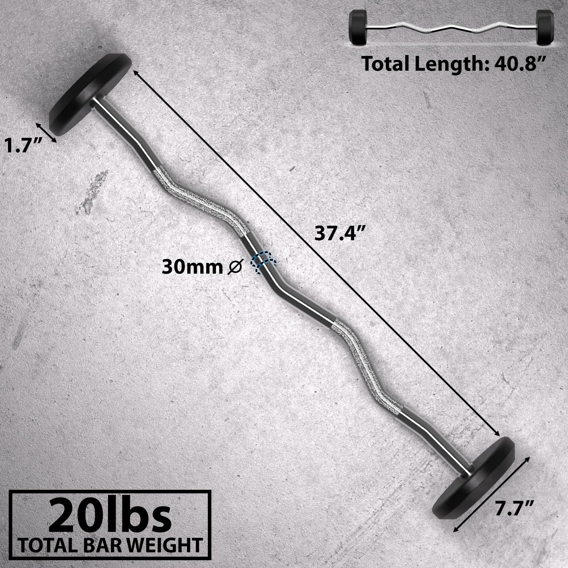 Synergee 20lb Fixed Easy Curl Bar Straight Steel Bar Rubber Weight.