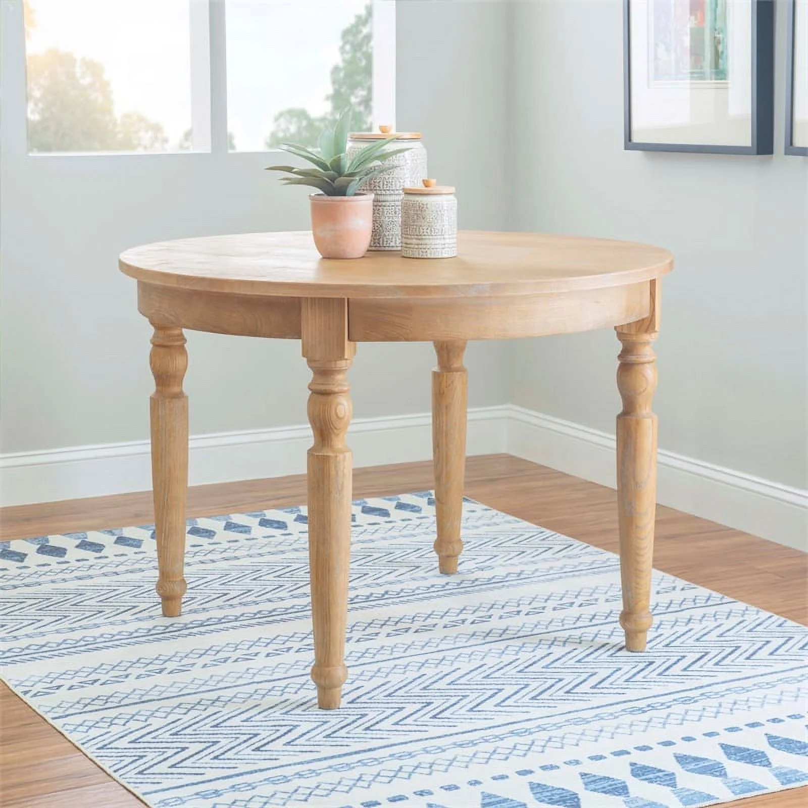Linon Avalon Oak Wood Round Dining Table Decorative Turned Legs in Natural Brown