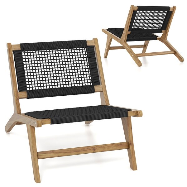 Gymax 2PCS Mid Century Modern Teak Wooden w/Handwoven Cordage Seat