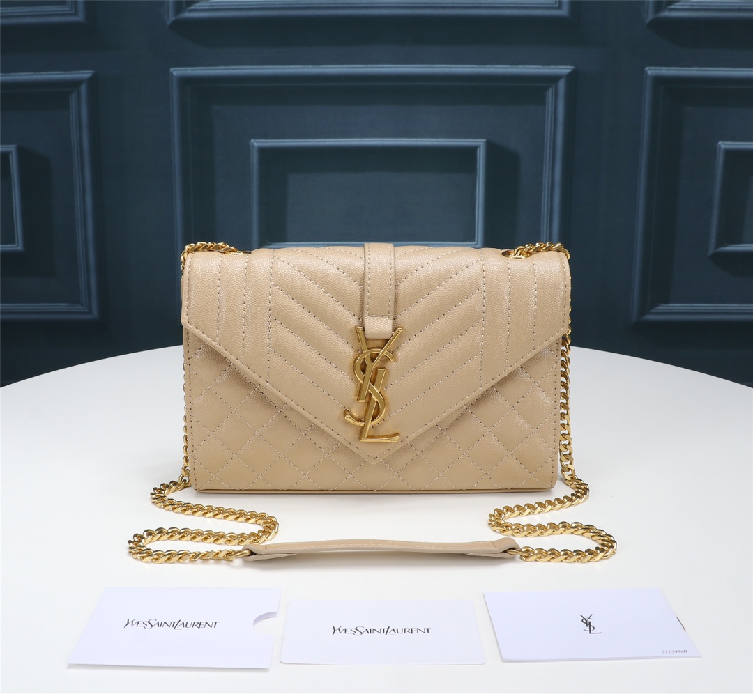 Saint Laurent Envelope Small Bag In Mix Matelasse Grain De Poudre Embossed Beige
