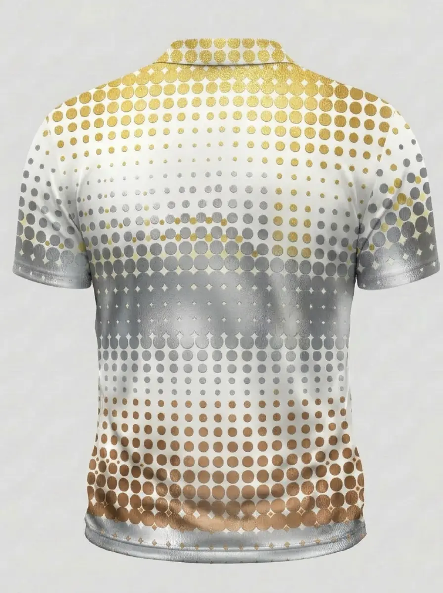 Moisture Wicking Golf Polo 3D Gold Silver Brown Gradient Dot Pattern Button Short Sleeve Golf Polo Shirt