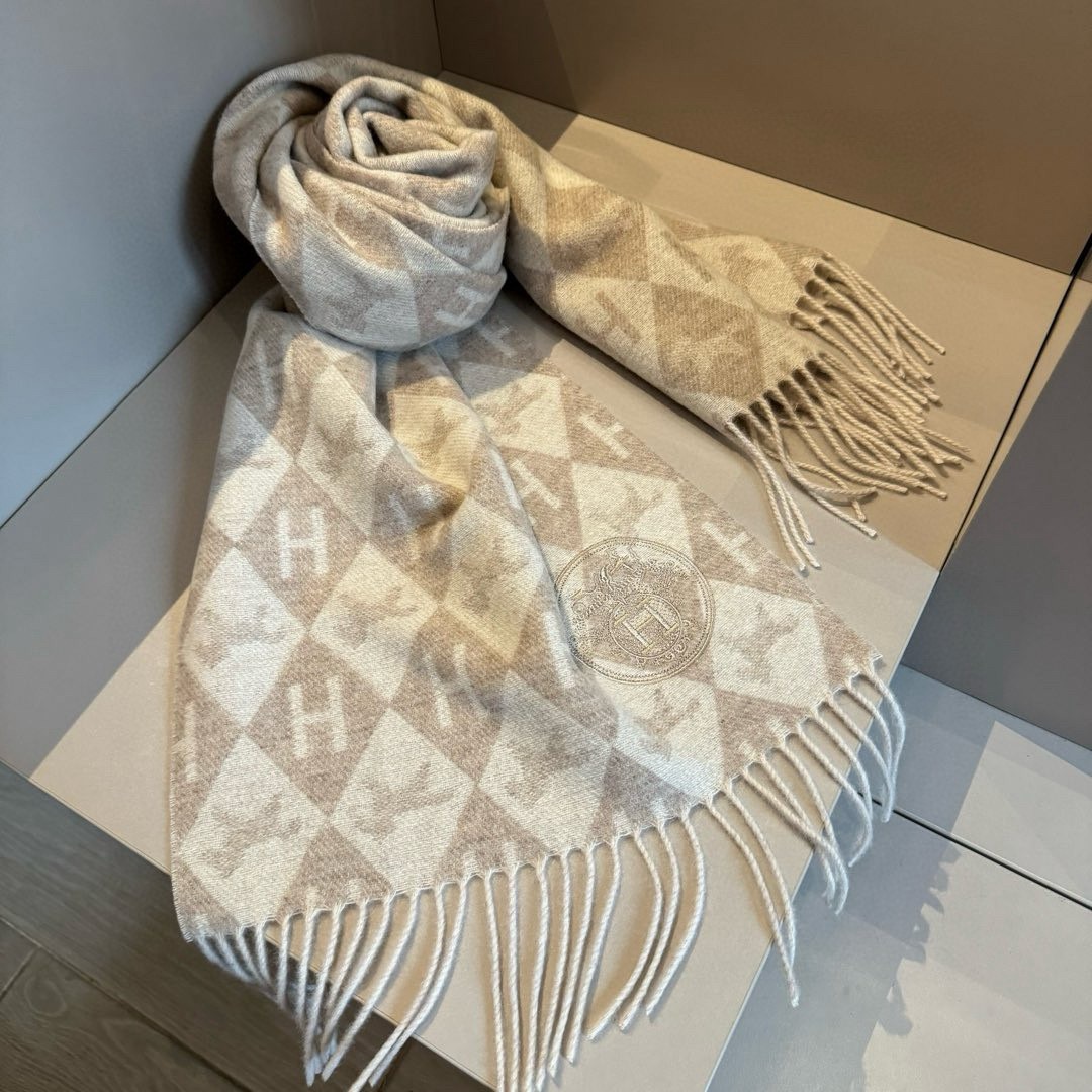 Hermes Diamond H Cashmere Scarf Beige For Women 180cm