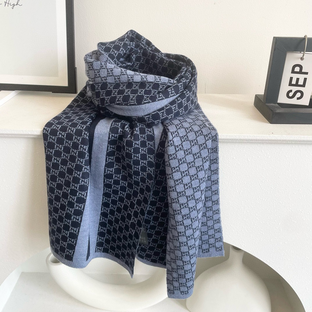 Gucci Cashmere Scarf Pattern Blue For Women 180cm