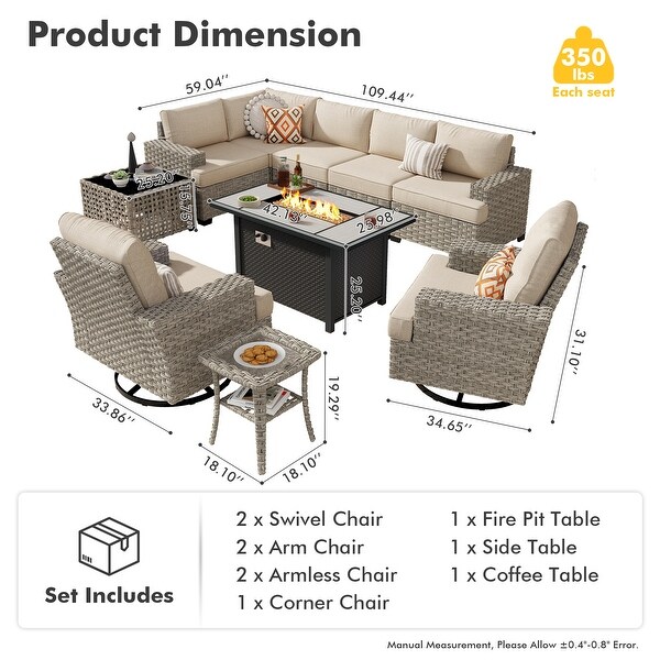 OVIOS 10 Pieces T shaped Seat Wide Armrest Swivel Chair Set With SolarPowered TableandFire Pit
