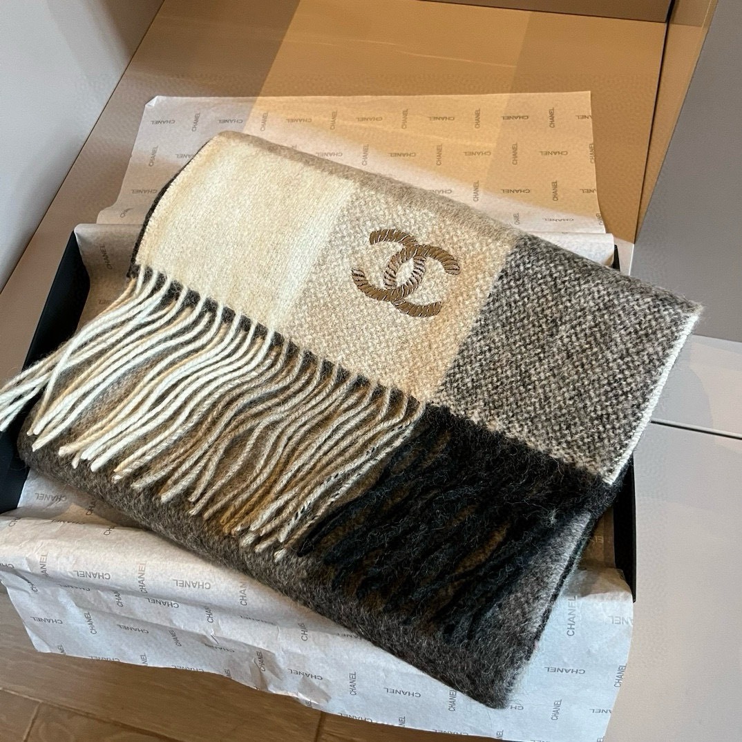 Chanel Cashmere Scarf Colorblock Beige For Women 200cm