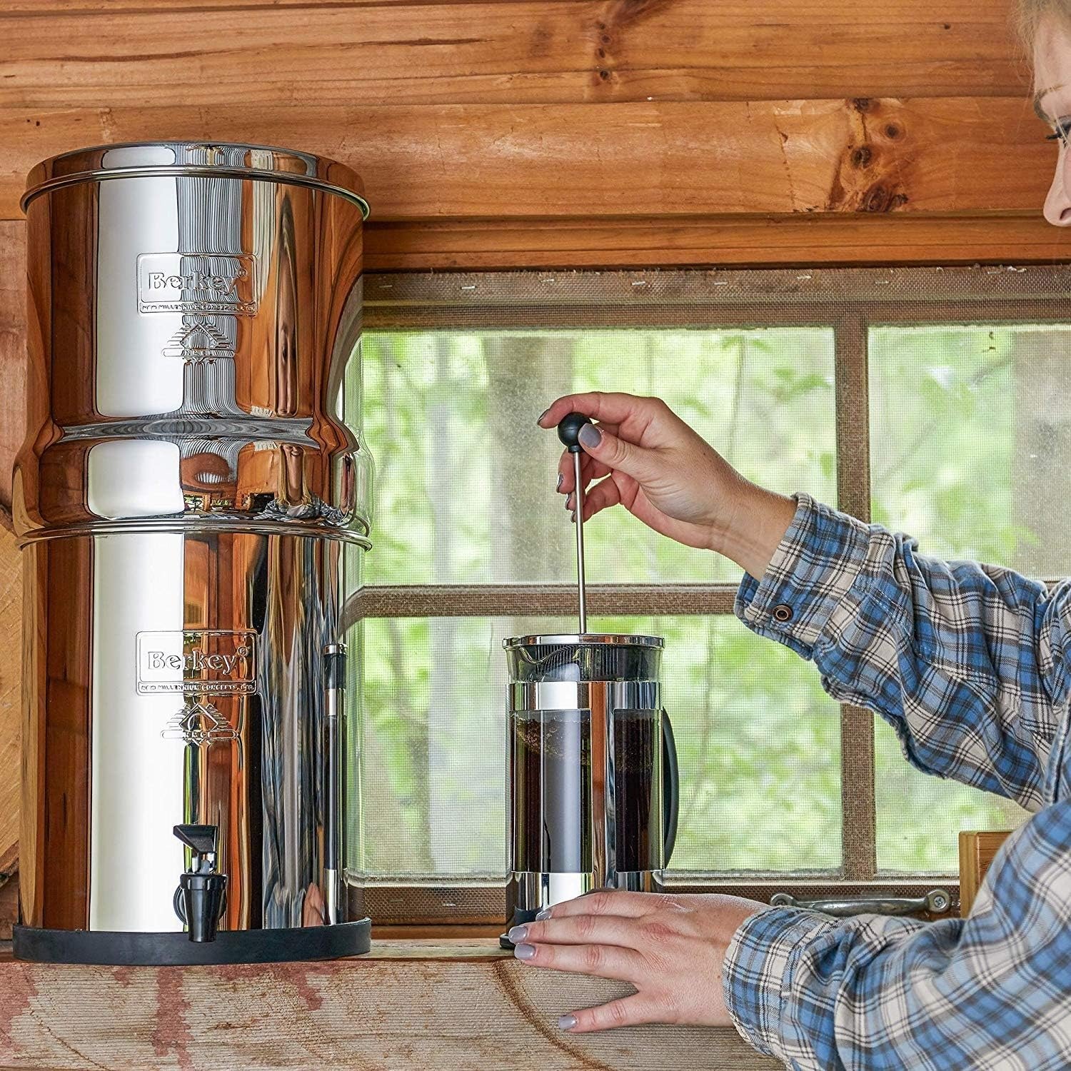 Gravity-Fed Stainless Steel Countertop Water Filter System 6 Gallon with 2 Black Filters