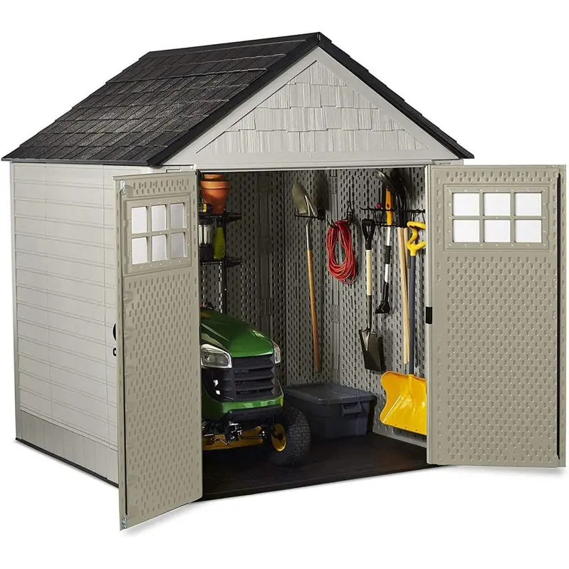 Rubbermaid 7′ x 7′ Weather-Resistant Resin Garden Shed – Sand Finish with Windows