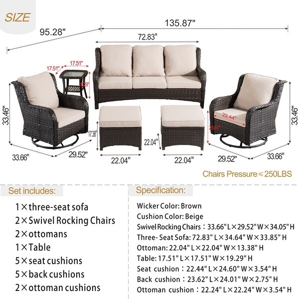 OVIOS 6piece Rattan Wicker Patio Furniture Set Swivel Gliding Chair Set