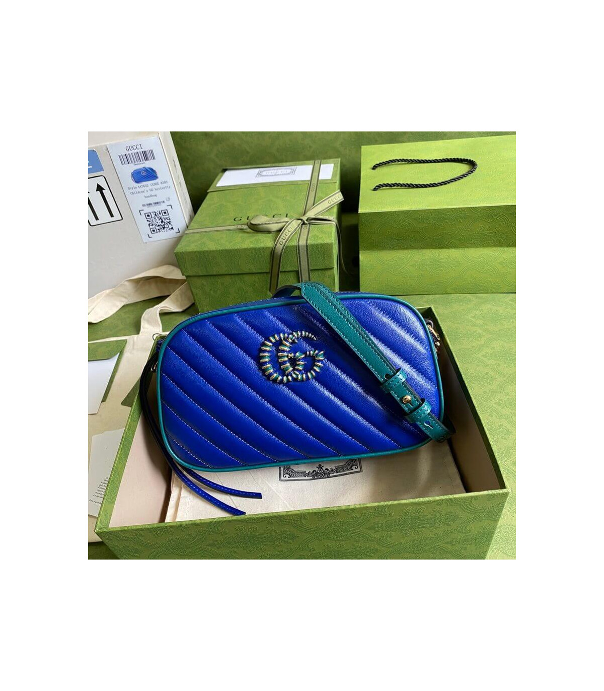 Gucci GG Marmont Small Shoulder Bag Blue and Emerald Leather