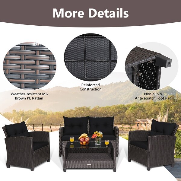 Costway 4 PCS Patio Rattan Furniture Set Glass Table Shelf Sofa