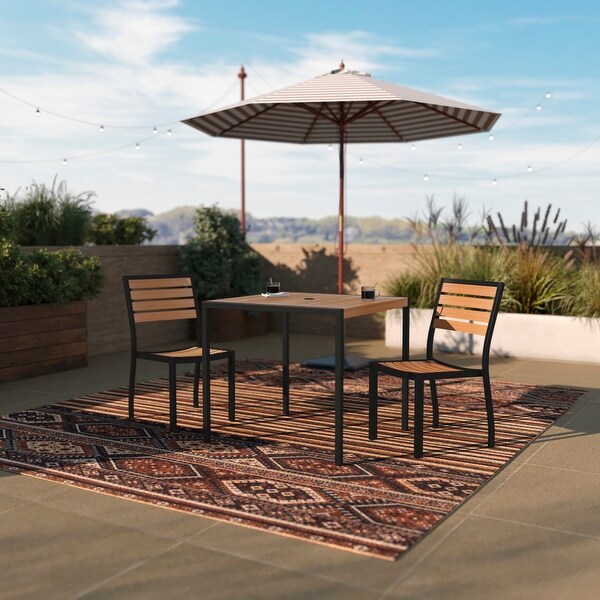 Indoor/Outdoor Faux Teak Table with 2 Club Chairs with Arms