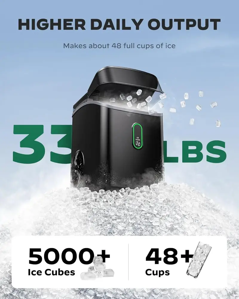 Silonn Nugget Ice Maker – Countertop Pebble Ice Machine, 33 lbs/Day Output, Self-Cleaning Function (2025)