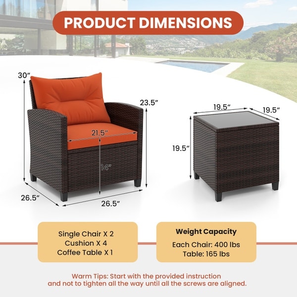 3 Pieces Rattan Patio Furniture Set with Washable Cushion