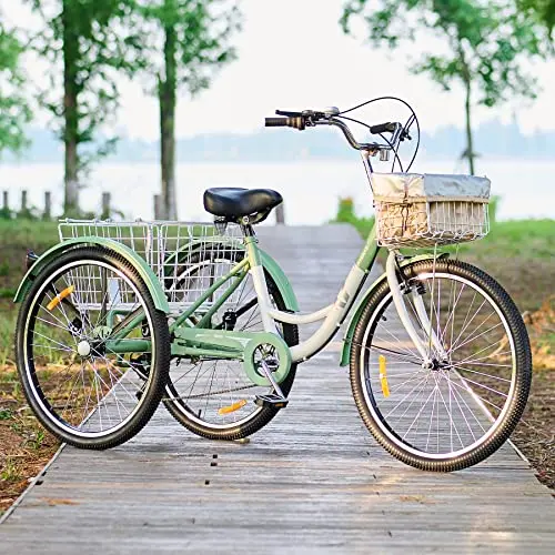 Viribus 7-Speed Adult Tricycle – 24″ Wheels, Dual Baskets, Adjustable Seat, High-Carbon Steel Frame