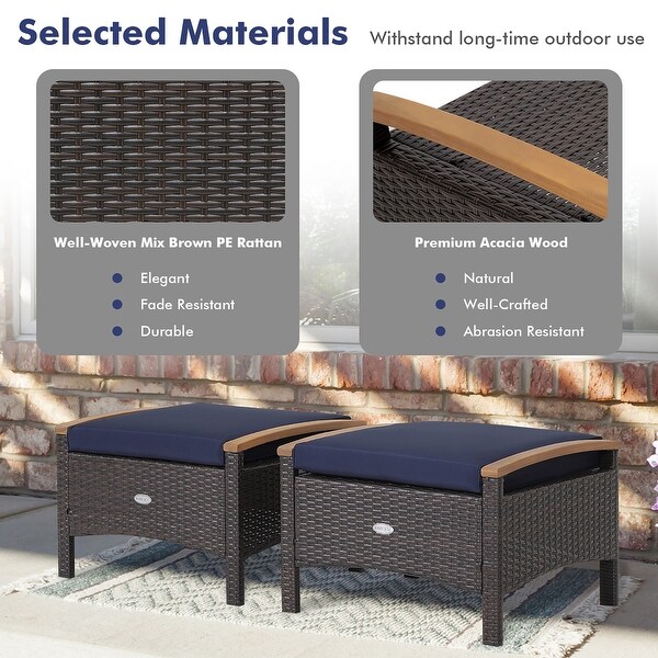 Gymax 2PCS Patio Ottomans Wooden Handles Rattan Knitting Foot Pedal