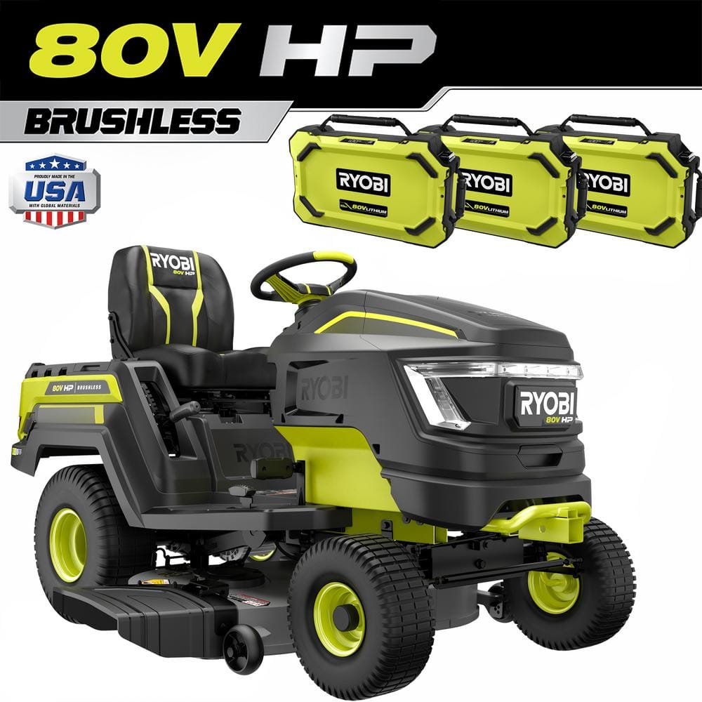 80V HP Brushless 42 in. Battery Electric Cordless Riding Lawn Tractor with (3) 80V 10Ah Batteries and Charger RYRM8060