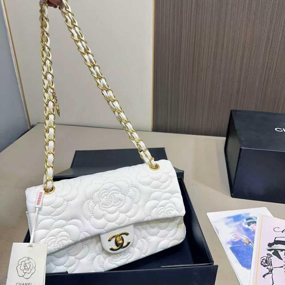 Chanel Flap Bag With Camellia Flower Chain White 26cm