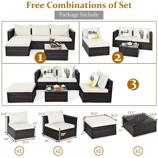 5PCS Patio Rattan Furniture Set Sectional Conversation Sofa w/ Coffee