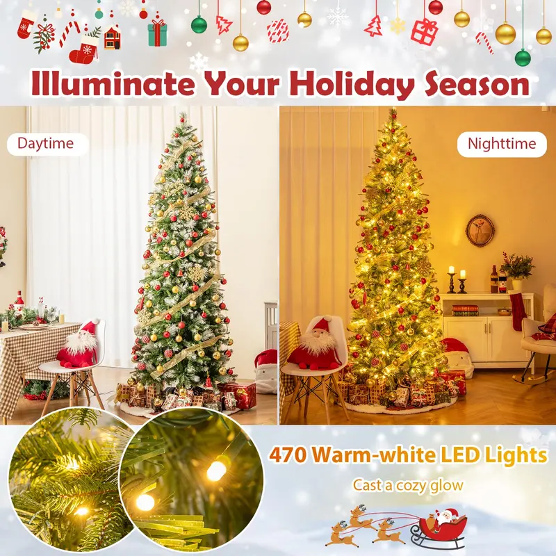 Pre-Lit Pencil Christmas Tree in 6ft, 7.5ft, or 9ft – Frosted Flocked Tips with Energy-Efficient LEDs