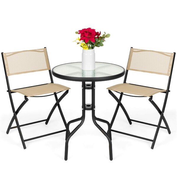 3Piece Patio Bistro Dining Furniture Set w/Textured Glass Tabletop,2 Folding Chairs,Steel Frame,Polyester Fabric