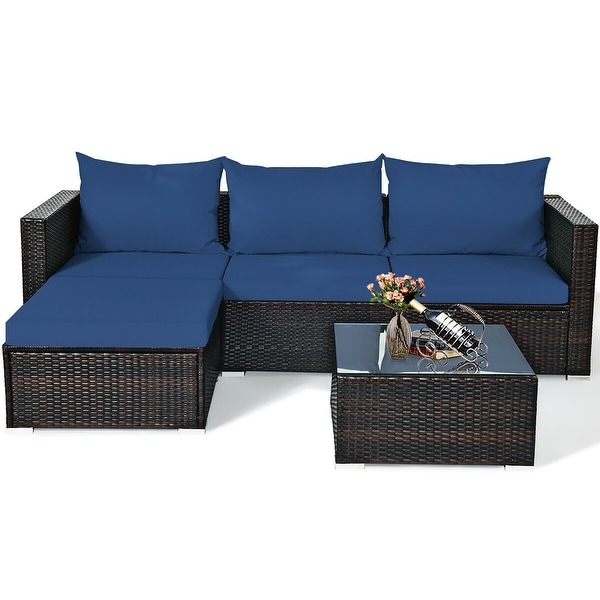 5PCS Patio Rattan Furniture Set Sectional Conversation Sofa w/ Coffee