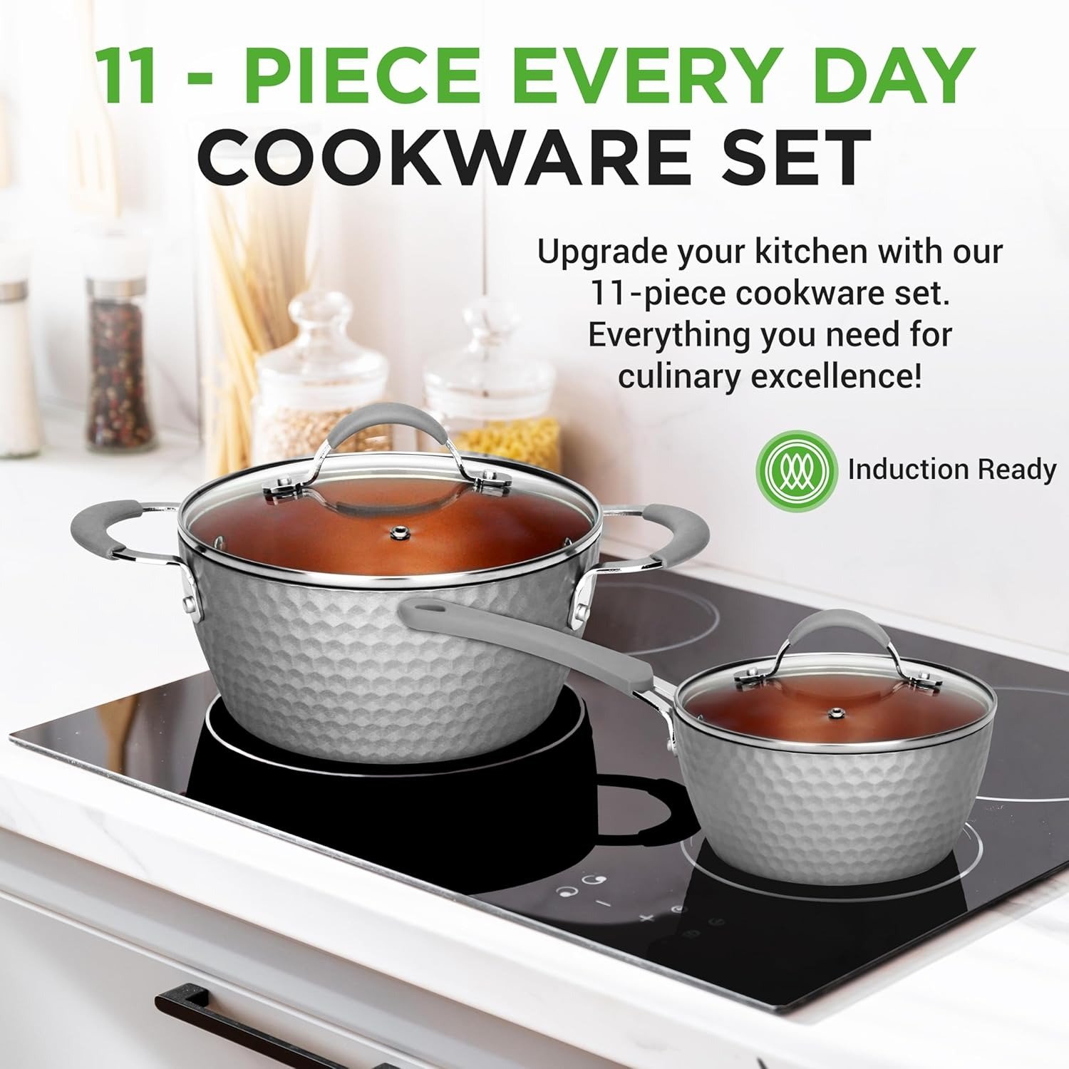 11-Piece Gray Ceramic Nonstick Cookware Set PTFE/PFOA/PFOS Free Induction Compatible Oven Safe