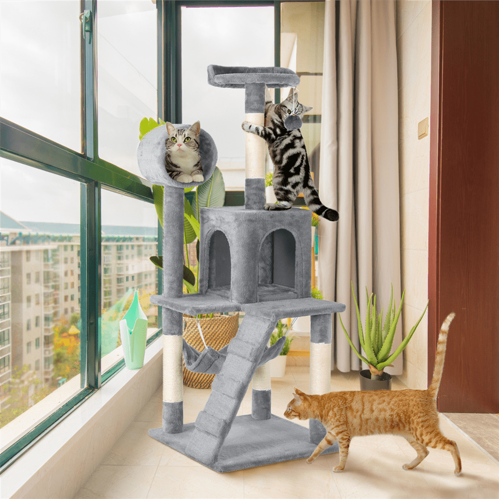 Yaheetech 51-in Cat Tree and Condo Scratching Post Tower, Light Gray